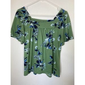 Lucky Brand Floral Green Blue Top Short Sleeve Square Neck Blouse Size Medium